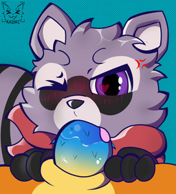 angry annoyed anthro fellatio genitals glistening male male/male markings oral penile penile_spines penis penis_in_mouth pov_blowjob purple_eyes sex simple_background solo striped_markings stripes kaiori indigo_park lloydford_l._lion rambley_raccoon felid lion mammal pantherine absurd_res hi_res