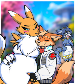 accessory anthro armwear bodily_fluids breasts claws clothing cuddling eyelashes eyes_closed female female_anthro fur group hair hand_on_belly implied_cheating jewelry looking_at_another looking_back makeup male male_anthro open_mouth pregnant pregnant_anthro pregnant_female running_makeup tail tears tuft ilovecorgis bandai_namco digimon nintendo star_fox fox_mccloud krystal_(star_fox) canid canine digimon_(species) fox mammal renamon absurd_res hi_res