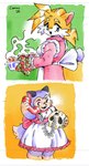 anthro apron biped blue_eyes cable clothing dipstick_tail dress duo electronics fangs female food frilly frilly_clothing frilly_dress fur green_eyes holding_object holding_phone holding_skull markings muffin muffin_tray on_phone orange_body orange_fur oven_gloves phone pink_clothing pink_dress purple_body purple_fur red_phone smile steaming tail tail_markings teeth white_apron white_clothing cammypuppy sega sonic_the_hedgehog_(series) canid canine fox mammal 2025 character_request dated hi_res
