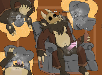 alcohol ambiguous_gender anal anal_penetration anthro armpit_hair balls bathrobe beard belly beverage bodily_fluids body_hair bone bubble butt chair clothed clothing cum cum_in_ass cum_inside dreaming_about_sex drunk drunk_bubble duo erection facesitting facial_hair fur furniture genital_fluids genitals hair horn humanoid_genitalia humanoid_penis male male_penetrated male_penetrating mature_male moobs musk navel nipples not_furry nude onomatopoeia open_clothing open_robe oral overweight overweight_male penetration penile penile_penetration penis precum pubes recliner rimming robe sex simple_background sitting sitting_on_another skull skull_head solo sound_effects substance_intoxication sweat tail teeth text thought_bubble cinder_bh disney the_owl_house papa_titan_(the_owl_house) ambiguous_species demon humanoid mammal titan_(the_owl_house) absurd_res digital_media_(artwork) hi_res