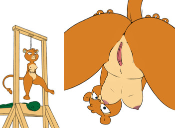 ambiguous_gender anthro anus breasts brown_body brown_fur butt clitoris dominant dominant_female duo execution facesitting female first_person_view fur genitals guillotine hand_on_butt hand_on_own_butt humor imminent_facesitting looking_at_viewer looking_down looking_down_at_viewer medium_breasts misleading_thumbnail narrowed_eyes nipples nude presenting presenting_vulva simple_background sitting sitting_on_another smile smirk spread_legs spreading vulva white_background rawrunes third-party_edit zeigram_(colorist) el_arca anon kairel felid lion mammal pantherine color_edit colored digital_media_(artwork)