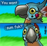 ambiguous_gender beak black_beak blue_body blue_feathers blue_sky feathers humor looking_at_viewer orange_body orange_feathers outside side_view sky solo text yellow_eyes atomicmeta breath_of_the_wild lemme_smash nintendo the_legend_of_zelda kass_(tloz) avian bird parrot rito comic comic_sans english_text lol_comments meme