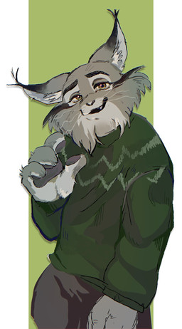 anthro clothing fur grey_body grey_fur male simple_background smile solo sweater topwear disney zootopia pawbert_lynxley canada_lynx felid feline lynx mammal hi_res