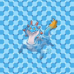 ambiguous_gender back_spikes belly blue_background blue_body blue_skin checkered checkered_background feral fin horn optical_illusion orange_eyes partially_submerged pattern_background simple_background solo spikes spikes_(anatomy) tail tail_fin white_belly yellow_tail canes-cm capcom monster_hunter lagiacrus leviathan_(mh) 1:1