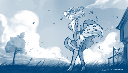 accident accidental_exposure anthro backless_clothing backless_dress barefoot bottomwear building butt clothed clothing digitigrade dress eyes_closed feet female fur hat headgear headwear holding_clothing holding_hat holding_headgear holding_headwear holding_object house markings no_underwear open_mouth open_smile outside plant raised_bottomwear raised_clothing raised_skirt raised_tail rear_view skirt smile solo spots spotted_body spotted_fur sun_hat sundress tail tail_under_skirt tree upskirt wide_brim_hat wind conditional_dnp tom_fischbach twokinds kathrin_vaughan canid canine felid feline hybrid keidran mammal 2020 7:4 adobe_photoshop_(artwork) blue_and_white digital_media_(artwork) hi_res monochrome sketch