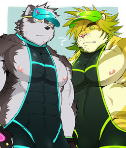 anthro bangs barazoku big_muscles big_pecs bulge clothed clothing covered_eye duo fully_clothed hair hair_over_eye hat headgear headwear kemono male muscular muscular_male nipples one_eye_obstructed pecs visor_cap wetsuit xxomgx lifewonders tokyo_afterschool_summoners horkeu_kamui_(tas) macan_(tas) canid canine canis felid mammal pantherine tiger wolf hi_res