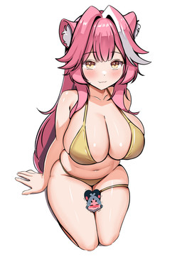 belly big_breasts bikini breasts clothing curvy_figure female gold_bikini hair navel pink_hair simple_background sitting sitting_on_ground slightly_chubby solo swimwear thick_thighs two-piece_swimsuit voluptuous white_background yellow_eyes panpanmc chattini raora_panthera animal_humanoid felid felid_humanoid humanoid mammal mammal_humanoid pantherine pantherine_humanoid absurd_res hi_res