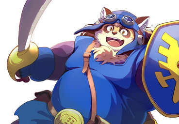 anthro belly brown_body brown_fur clothing cosplay fur gloves handwear kemono male melee_weapon open_mouth overweight overweight_male shield solo sword weapon hachirouta dragon_quest square_enix vtuber canid canine mammal raccoon_dog tanuki 2025