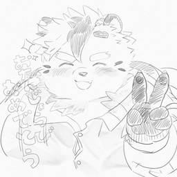 anthro blush fur gesture hand_gesture male overweight pawpads smile solo text v_sign white_body white_fur nmnt_am8 tamacolle arctos_(tamacolle) bear mammal polar_bear ursine 1:1 absurd_res hi_res japanese_text monochrome sketch