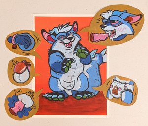 anthro blue_body blue_fur bondage_gear bondage_gloves chastity_cage chastity_device clean_diaper clothed clothing costume diaper dildo fur fursuit gag gagged handwear hypnosis lock lock_symbol male mind_control padlock plushsuit ringed_eyes sex_toy simple_background solo submissive submissive_male wearing_diaper sushiotter_(artist) mammal monster 2021 hi_res traditional_media_(artwork)