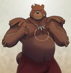 anthro anthrofied band-aid bandage belly biceps big_belly biped black_nose bottomwear brown_body clothing male musclegut muscular muscular_anthro muscular_male overweight overweight_anthro overweight_male pants pecs pokemorph solo zcdartz nintendo pokemon bear generation_2_pokemon mammal pokemon_(species) ursaring 2022 absurd_res hi_res