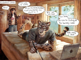 anthro bed biped black_body black_fur bookshelf brown_body brown_fur clothed clothed_anthro clothed_male clothing computer dialogue duo electronics eyes_closed feet fully_clothed fully_clothed_anthro fully_clothed_male fur furniture gesture grey_body grey_fur laptop lying male markings on_front smile speech_bubble spots spotted_body spotted_fur standing tail text waving writing_utensil akatan_art bernese_mountain_dog canid canine canis domestic_dog felid mammal molosser mountain_dog pantherine snow_leopard swiss_mountain_dog 2026 english_text hi_res painting_(artwork) traditional_media_(artwork) traditional_painting_(artwork) traditional_watercolor_(artwork) watercolor_(artwork)