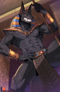 abs accessory anthro clothing egyptian egyptian_clothing fangs male muscular muscular_male muscular_thighs nemes obliques pecs pharaoh royalty serratus solo teeth usekh patto egyptian_mythology middle_eastern_mythology mythology anubis anubian_jackal canid canine canis deity jackal mammal hi_res