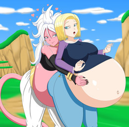 belly big_belly big_breasts blue_eyes both_pregnant breasts duo female hair heart_symbol huge_belly hyper hyper_belly hyper_pregnancy multiple_pregnancies navel pregnant white_hair spooky-gh0st dragon_ball dragon_ball_fighterz dragon_ball_z android_18 android_21 majin_android_21 alien alien_humanoid humanoid majin hi_res