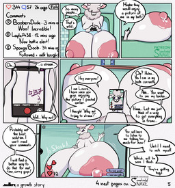 anthro areola bathroom bathtub big_areola big_breasts big_nipples bodily_fluids breast_expansion breast_squish breasts comic_panel dialogue electronics expansion female heart_symbol huge_breasts hyper hyper_breasts lactating livestream milk motion_lines nipples onomatopoeia phone phone_screen pink_areola pink_nipples solo sound_effects speech_bubble squish text water somekindofsnake laura_(somekindofsnake) bovid caprine mammal sheep comic english_text hi_res shaded simple_shading