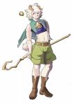 anthro bell belt biped boots bottomwear cape clothed clothing footwear fur horn japanese looking_at_viewer midriff purple_eyes ribbons shoes shorts simple_background solo staff standing tan_body tan_fur evelmanian wander_crown ryowa_(wander_crown) bovid caprine domestic_sheep mammal sheep absurd_res hi_res