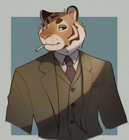 anthro black_body black_fur black_stripes blue_background border brown_clothing brown_eyes brown_suit brown_suit_jacket brown_topwear brown_vest button_(fastener) cheek_tuft cigarette cigarette_in_mouth clothing collared_shirt countershading cute_fangs dress_shirt facial_tuft fangs front_view fur looking_aside male necktie object_in_mouth orange_body orange_fur pattern_clothing pattern_shirt pattern_topwear pink_nose pocket_chain purple_necktie shirt simple_background solo striped_clothing striped_dress_shirt striped_shirt striped_topwear stripes suit teeth topwear tuft vest whisker_spots white_body white_dress_shirt white_fur skidoo felid mammal pantherine tiger digital_media_(artwork) half-length_portrait hi_res portrait shaded