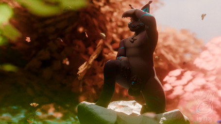 anthro blue_eyes brown_body flower forest fur genitals grey_body looking_at_viewer male markings nature nature_background nude outside plant pose public public_nudity rock solo tree tuft whiskers iynxlynx iynx felid feline lynx mammal 3d_(artwork) digital_media_(artwork) hi_res widescreen