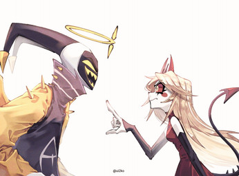 clothed clothing duo female fingers gesture halo hand_gesture male open_mouth pointing pointing_at_another princess royalty sharp_teeth simple_background spade_tail tail teeth white_background ui2ko hazbin_hotel hellaverse adam_(hazbin_hotel) charlie_morningstar angel angel_humanoid demon demon_humanoid humanoid 2024 digital_media_(artwork)
