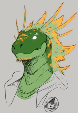 4_eyes anthro clothed clothing facial_markings front_view green_body grey_background head_markings male male_anthro markings mouth_closed multi_eye simple_background solo white_eyes yellow_markings jezzlen scalie bust_portrait hi_res portrait