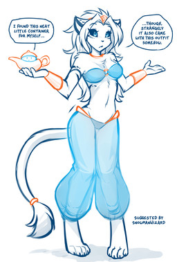 accessory anthro armband bare_shoulders barefoot bedlah biped black_sclera blue_eyes bra bracelet breasts chest_tuft claws clothed clothed_anthro clothed_female clothing crotch_lines crown dialogue digitigrade eyelashes feet female fingers front_view fur furgonomics gold_(metal) gold_jewelry hair harem_outfit harem_pants headgear holding_object jewelry knock-kneed long_eyelashes looking_at_viewer magic_lamp midriff navel neck_ring necklace o-ring ring simple_background skimpy solo standing tail tail_accessory tail_jewelry tail_ring tail_tuft text tiara toes translucent translucent_clothing tuft underwear white_background white_body white_fur conditional_dnp tom_fischbach twokinds willow_wisp felid keidran lion mammal pantherine spirit will-o'-the-wisp 2026 digital_drawing_(artwork) digital_media_(artwork) english_text hi_res restricted_palette sketch