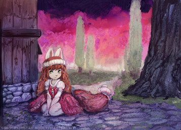 5_fingers anthro bangs building clothed clothed_anthro clothed_female clothing cobblestone dress eyebrows fangs female female_anthro fingers flat_chested fluffy fluffy_tail fur furgonomics grass green_eyes hair hat headgear headwear house humanoid_hands kneeling logo long_hair moss mouth_closed multicolored_clothing multicolored_dress orange_eyebrows orange_hair orange_tail outside pink_inner_ear pink_nose plant pupils red_clothing red_dress red_hat red_headwear short_sleeves sitting solo tail tail_clothing tan_body tan_ears tan_fur teeth text tree two_tone_clothing two_tone_dress two_tone_hat white_clothing white_dress white_hat white_headwear young young_anthro young_female mabibabi amber_(mabibabi) canid canine mammal 2025 absurd_res artist_logo dated hi_res url