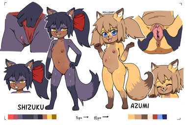 angry anthro armor bared_teeth bearing_fangs belly blue_eyes blush bodily_fluids bow_ribbon camel_toe clothing duo erect_nipples expressions eyes_closed female genital_outline genitals hair handwear navel nipples open_mouth open_smile pigtails ponytail purple_body ribbons showing_teeth slightly_chubby smile smirk spread_vulva spreading tail teeth tongue vulva vulva_outline yellow_body yellow_eyes young young_female polloart azumi_(mikefox2400) shizuku_(mikefox2400) canid canine fox mammal expression_sheet hi_res model_sheet cousins_(lore)