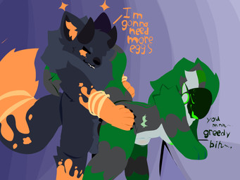 abdominal_bulge abstract_background ambiguous_penetration ball_tuft balls bent_over big_tail bite biting_lip blue_body blue_fur bodily_fluids breasts bulge dialogue duo eyes_closed female from_behind_position fur genitals green_body green_fur green_nipples grey_body grey_fur horn impregnation_request machine male male/female neck_tuft nipples open_mouth orange_body orange_fur penetration sex standing star sweat sweatdrop tail tail_mouth text tuft unusual_anatomy unusual_tail crime_toaster crime_(crime_toaster) stritte canid canine canis mammal protogen wolf 4:3 english_text hi_res