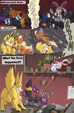 accessory angry annoyed anthro armwear balls bedroom_eyes big_balls bow_accessory bow_ribbon camera clothed clothing crossdressing crossdressing_male detached_sleeves dialogue ducking female femboy feral fight footwear gap_teeth genitals grin group hair_accessory hair_bow hair_ribbon knot knotted_penis legwear male narrowed_eyes pawpads penis pillow plant plant_pot pose potted_plant profanity retractable_penis ribbons seductive shocked smile smug smug_expression smug_face smug_grin socks stirrup_legwear stirrup_socks stockings surprised taking_picture teeth text throwing throwing_object tooth_gap trash vulva fuf nintendo pokemon dakota_(trepidfox) kricket_(trepidfox) pixel_(trepidfox) canid canine canis domestic_dog eeveelution flareon fox generation_1_pokemon generation_2_pokemon generation_6_pokemon jolteon mammal pokemon_(species) sylveon umbreon absurd_res comic english_text hi_res
