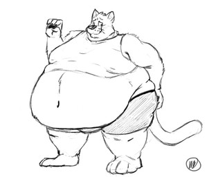 anthro belly belly_overhang big_belly bulge chubby_cheeks claws clothed clothing fur hand_on_butt looking_aside love_handles male moobs navel obese obese_anthro obese_male overweight overweight_anthro overweight_male raised_hand solo standing thick_thighs wide_hips mr_labrador domestic_cat felid feline felis mammal