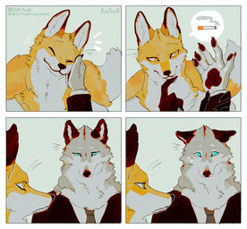 anthro black_nose blue_eyes bodily_fluids cigarette claws clothed clothing duo ears_aside ears_up eyebrows eyes_closed fur grey_body grey_fur male male/male necktie petting simple_background standing suit_jacket sweat sweatdrop thinking white_body white_fur yellow_body yellow_eyes yellow_fur sd_planb canid canine canis fox mammal wolf 2025 comic
