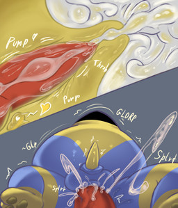 anal anal_penetration anthro balls blue_body blue_fur bodily_fluids cum cum_in_ass cum_inflation cum_inside cum_reservoir_in_penis duo erection fur genital_fluids genitals inflation internal internal_anal knot knot_pressing_prostate knotted_penis knotting male male/male multicolored_body multicolored_fur penetration penile penile_penetration penis penis_in_ass prostate prostate_stimulation prostate_with_heart questionable_consent size_difference smaller_penetrated tapering_penis yellow_body yellow_fur vuchs rain_world videocult astral_(jeddy) coop_(theroboticdragon) slugcat splynter absurd_res comic hi_res