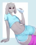 bedroom_eyes bottle bottomwear bulge clothing container crop_top femboy legwear looking_at_viewer male narrowed_eyes seductive shirt shorts solo thigh_highs topwear water water_bottle workout_clothing tofffe taylor_(honmeg) lagomorph leporid mammal rabbit 4:5 hi_res