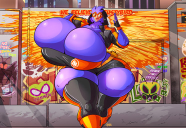 anthro beak big_breasts black_clothing blue_body blue_feathers breasts clothing feathers female fingerless_gloves fingers gloves graffiti handwear huge_breasts hyper hyper_breasts legwear multicolored_clothing open_beak open_mouth orange_clothing orange_eyes solo text thick_thighs tongue two_tone_clothing jaeh busty_bird avian bird corvid corvus_(genus) crow oscine passerine 2025 absurd_res english_text hi_res
