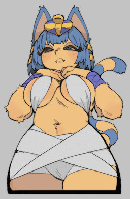 anthro arm_tuft armwear bangs belly_tuft big_breasts blue_armwear blue_clothing blue_ears blue_hair breasts camel_toe clothing elbow_tuft fangs female female_anthro fingers front_view fur grey_background hair hands_above_breasts looking_down low-angle_view markings navel_tuft pose short_hair simple_background solo striped_markings striped_tail stripes tail tail_markings teeth thick_thighs tuft uraeus wraps wraps_only yellow_body yellow_fur pantsu-ripper animal_crossing nintendo ankha_(animal_crossing) domestic_cat felid feline felis mammal 2025 digital_drawing_(artwork) digital_media_(artwork) hi_res pinup portrait three-quarter_portrait
