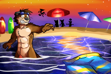 abs accident accidental_exposure ambiguous_gender anthro barely_visible_genitalia beach beach_umbrella biped black_nose brown_body brown_fur clenched_teeth clothing detailed_background embarrassed exhibitionism exposed eyewear fisheye_lens flaccid front_view fur genitals goggles group hair male male/ambiguous muscular muscular_male navel nude outside parasol partially_submerged pecs penis public public_nudity reaching sand sea seaside silhouette sky solo_focus standing star starry_sky sunset surfboard swimwear teeth vehicle wardrobe_malfunction water watercraft whiskers worried ventkazemaru mammal mustelid otter colorful_theme digital_media_(artwork) half-length_portrait portrait