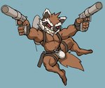 anthro belt briefs brown_body brown_fur bulge clothing fur grin gun harness male ranged_weapon red_eyes shooting shooting_gun smile solo thigh_strap tighty_whities underwear weapon white_briefs white_clothing white_underwear seitanicbeef guardians_of_the_galaxy marvel marvel_rivals rocket_raccoon mammal procyonid raccoon hi_res