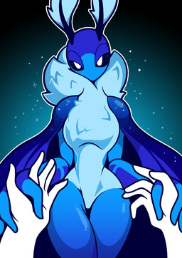 ambiguous_gender antennae_(anatomy) anthro black_sclera blue_body cape clothing duo featureless_crotch first_person_view looking_at_viewer male neck_tuft nude_anthro nude_male solo_focus tuft white_eyes wings rem_phase lumi_(darxmarx) arthropod insect lepidopteran moth 2026 absurd_res hi_res