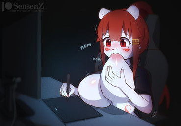 5_fingers anthro areola big_breasts biped black_clothing black_eyebrows black_shirt black_topwear breast_grab breast_play breast_squish breast_suck breasts cheek_tuft clothed clothed_anthro clothed_female clothing computer_monitor drawing_tablet electronics eyebrows eyelashes facial_markings facial_tuft female female_anthro fingerpads fingers fur glistening glistening_breasts glistening_eyes hair hand_on_breast hand_on_own_breast head_markings holding_object holding_pencil markings monitor motion_lines nom onomatopoeia pawpads pencil_(object) pink_areola pink_pawpads raised_clothing raised_shirt raised_topwear red_eyes red_hair red_markings red_nose self_suckle shirt solo sound_effects squish sucking text thin_eyebrows topwear tuft white_body white_fur sensen titty_sucking_method sen_(sensen) bear mammal polar_bear ursine 2026 absurd_res artist_name digital_media_(artwork) hi_res meme url watermark