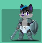 2024 abuniverse anthro armor canid canine canis clean_diaper clothed clothing diaper digital_drawing_(artwork) digital_media_(artwork) domestic_dog fur grey_body grey_fur hair hammymushpants husky looking_at_viewer male mammal melee_weapon multicolored_hair nordic_sled_dog purple_eyes shield simple_background solo spitz standing super_dry_kids_(abuniverse) super_dry_kids_(diaper) sword two_tone_hair weapon wearing_diaper