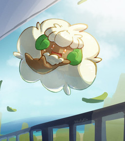 ambiguous_gender brown_body featureless_crotch hair leaf looking_at_viewer open_mouth orange_eyes solo tan_hair tongue wasawasa nintendo pokemon generation_5_pokemon humanoid pokemon_(species) whimsicott 2025 hi_res signature
