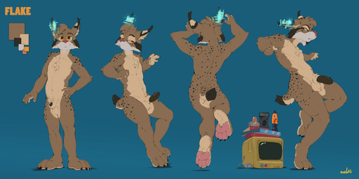 animal_genitalia anthro arm_tuft ball_tuft balls biped black_body black_claws black_ears black_fur black_penis black_tail blue_background book brown_body brown_ears brown_fur brown_pupils butt cheek_tuft chest_tuft claws color_swatch dipstick_tail ear_tuft elbow_tuft electronics erection facial_tuft front_view fur genitals glistening glistening_eyes glistening_genitalia glistening_penis head_tuft humanoid_genitalia humanoid_penis hybrid_genitalia hybrid_penis lamp lava_lamp male markings monitor multiple_poses narrowed_eyes navel nude orange_eyes pawpads penis penis_tip pink_pawpads plantigrade pose pupils rear_view red_nose sheath sheathed_humanoid_penis short_tail simple_background smile solo spots spotted_arms spotted_legs spotted_markings spotted_tail standing tail tail_markings tan_balls tan_body tan_chest tan_ears tan_fur tan_sheath tan_tail tuft white_body white_fur oselotti flake_(flakepardinus) felid feline lynx mammal model_sheet signature