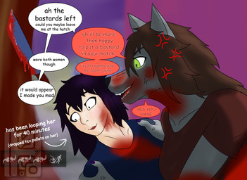 angry anthro blood blood_on_face blood_on_hand blood_splatter bodily_fluids clothed clothed_anthro clothed_female clothing dialogue female female/female fully_clothed fully_clothed_anthro fully_clothed_female holding_shoulders profanity speech_bubble text hoodsy dead_by_daylight canid canine human mammal absurd_res english_text hi_res