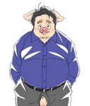 anthro blush bottomwear clothing genitals kemono male overweight overweight_male pants penis penis_poking_out shirt simple_background smile solo topwear white_background inunoshippo domestic_pig mammal suid suina sus_(pig) 2024 hi_res