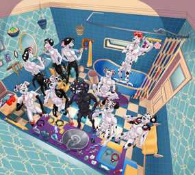 abs aged_up anthro anthrofied balls basket bathing bathroom bathtub brush brushing brushing_teeth bulge butt casual_nudity cellphone claw_foot_bathtub clothing collar container cup detailed_background electronics eyes_closed feet flaccid flip_flops footwear footwear_only foreskin fur genitals group headgear headphones headwear heterochromia holding_brush holding_cellphone holding_container holding_cup holding_object holding_phone holding_smartphone holding_toothbrush humanoid_genitalia humanoid_penis inside male markings mirror mostly_nude muscular muscular_male nipples nude partially_retracted_foreskin pecs penis phone sandals sandals_only shoes shower shower_head showering sink sitting smartphone smile sponge spots spotted_body tail toes toilet tongue tongue_out toothbrush toothpaste towel water wet dal101strefan 101_dalmatian_street 101_dalmatians disney d.j._(101_dalmatians) dante_(101_dalmatians) dawkins_(101_dalmatians) deepak_(101_dalmatians) delgado_(101_dalmatians) diesel_(101_dalmatians) dimitri_1_(101_dalmatians) dimitri_2_(101_dalmatians) dimitri_3_(101_dalmatians) dimitri_trio_(101_dalmatians) dylan_(101_dalmatians) canid canine canis dalmatian domestic_dog mammal digital_media_(artwork) hi_res brother_(lore) brothers_(lore) sibling_(lore) triplets_(lore)