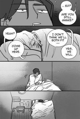 ambiguous_gender bed bedding blanket clothed clothing duo furniture hair male not_furry scales sleeping speech_bubble text waking_up starfleetrambo edward_(starfleetrambo) oskar_(starfleetrambo) animal_humanoid human humanoid mammal marine marine_humanoid oarfish_humanoid siren digital_media_(artwork) hi_res sketch trans_(lore) trans_man_(lore)