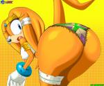 2015 accessory anthro bent_over big_breasts big_butt blue_eyes breasts butt clothing crooked_tail echidna erect_nipples female gloves handwear headband hi_res huge_butt looking_at_viewer looking_back mammal monotreme nipples nobody147 orange_body sega solo sonic_adventure sonic_the_hedgehog_(series) tail tikal_the_echidna