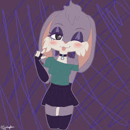 anthro blush bottomwear cheek_tuft chibi claws clothed clothing collar facial_tuft female finger_claws fingerless_gloves footwear fur gloves grey_body grey_fur handwear inner_ear_fluff jewelry legwear long_ears necklace off_shoulder_shirt playful purple_background purple_body purple_fur scribble_background shirt short_fur simple_background skirt socks solo t-shirt tail thigh_highs tongue tongue_out topwear tuft visible_tail white_body white_fur unknown_artist violet_bunny lagomorph leporid mammal rabbit 1:1 digital_media_(artwork) hi_res