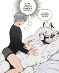 anthro bed briefs clothing duo fluffy_chest fur furniture grey_hair grope hair harness leather leather_harness male male/male on_lap pecs straddling text underwear white_body white_fur moji00x00x mihoyo zenless_zone_zero von_lycaon wise_(zenless_zone_zero) canid canine canis human mammal wolf absurd_res english_text hi_res