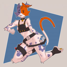 anthro areola areola_slip arm_tattoo bell bell_collar belt biped black_eyes breasts bulletproof_vest cheek_tuft clothed clothing collar container facial_tuft female front_view fur genitals hair heart_symbol humanoid_genitalia humanoid_vulva kneeling leg_tattoo looking_at_viewer milk_carton milk_container open_mouth partially_clothed pawpads ponytail pubic_tattoo simple_background small_breasts solo tattoo thigh_strap tongue tuft vulva white_body white_fur foxxj epic_games fortnite cate_meowdy calico_cat domestic_cat felid feline felis mammal 1:1 2026 hi_res